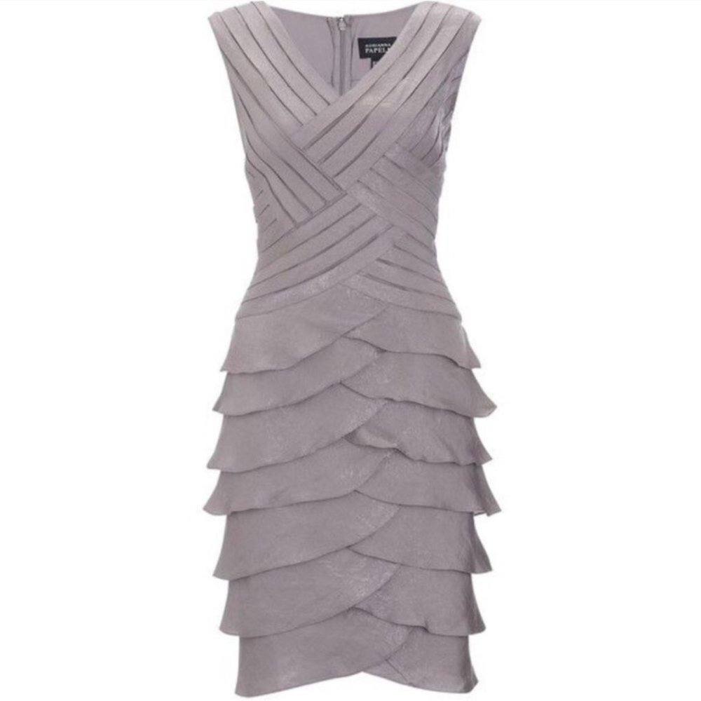 NWT - Adrianna Papell Gray Metallic Tiered Shutter Pleated Knee Length Dress